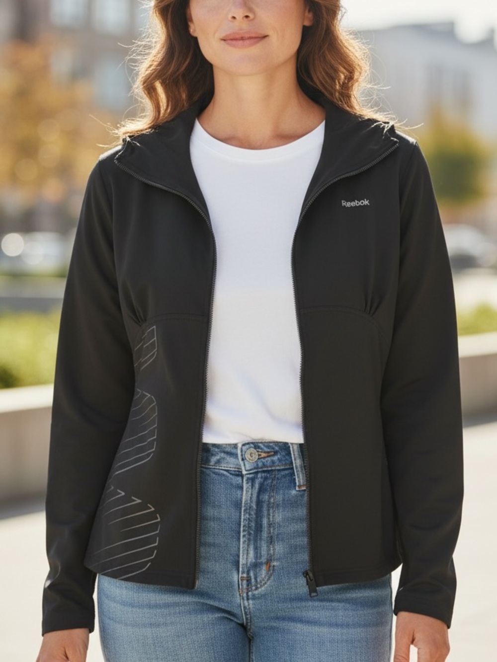 Women’s Reebok Black Full Zip Athletic Jacket Hooded Silver Graphic Activewear